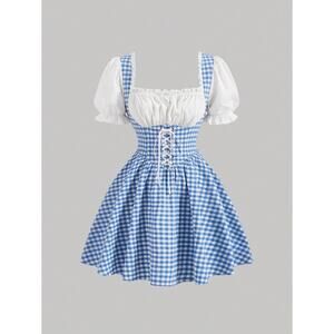 Blue & White Dorothy Gingham Apron Style Prairie House Farm Dress L